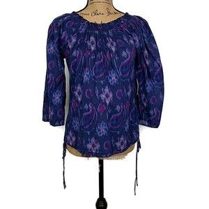 Lucky Brand Womens sz S Top Purple Paisley Tie Ruched Smocked 3/4 Sleeve Blouse